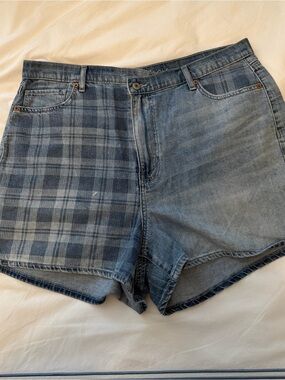 American Eagle Outfitters Two-Tone Plaid Front Denim Shorts - Crisscross Button